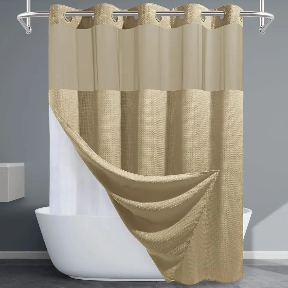 

Beige Long Shower Curtain with Snap-In Liner, 230GSM, 71W x 86H