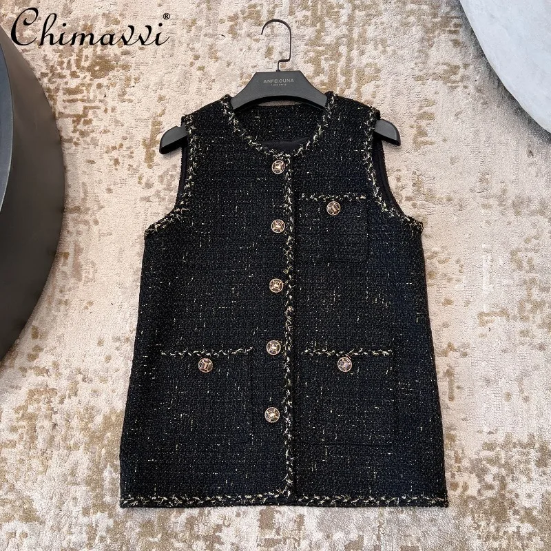 

2025 Autumn Clothes New French High-End Black Gold Tweed Vest Jacket Fashion Round Neck Lace Slim Sleeveless Women's Vests