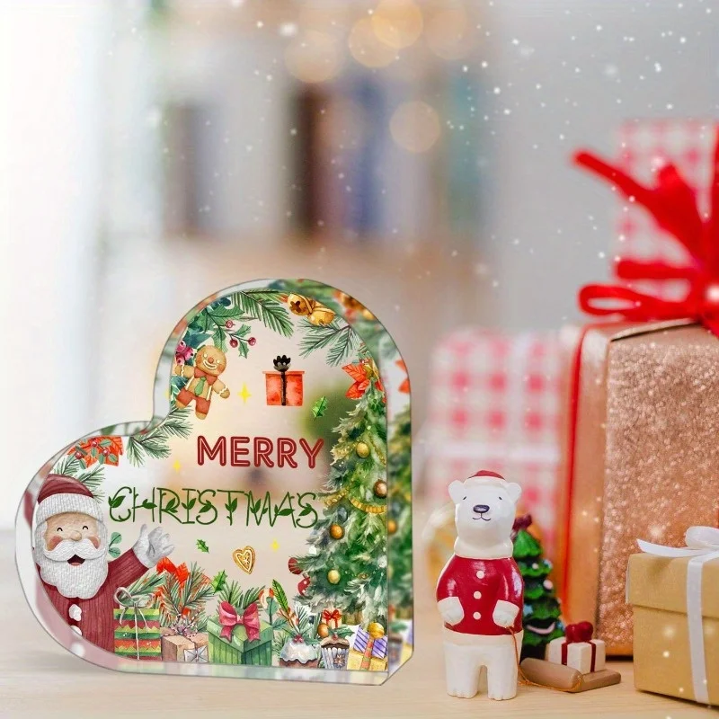 Heart Shape Acrylic Sign, Merry Christmas Watercolor Santa Desktop Ornament, Gingerbread Man Xmas Tree Gift Box Table Decor, Vintage Xmas Home Holiday Gift