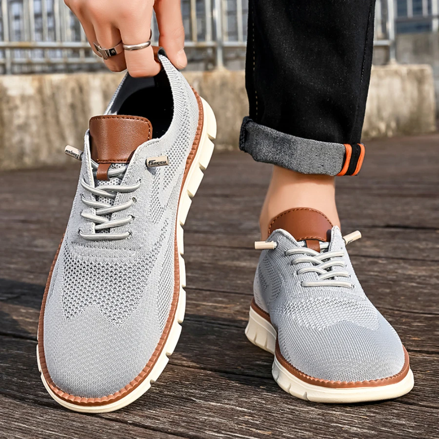 Fashion Gray Men\'s Summer Sneakers Knit Breathable Lace-up Lightweight Casual Shoes For Men Comfortable Urban Men Flat Sneakers