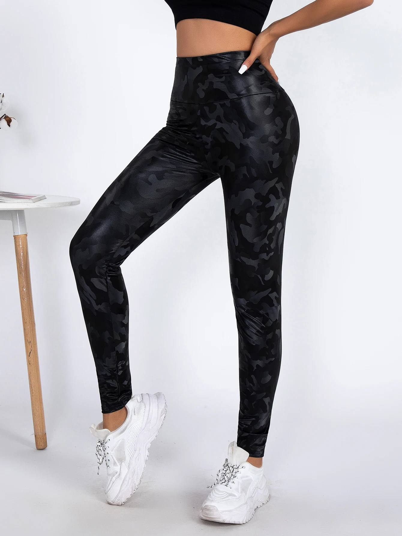 New High-waisted Skinny Leather Pants Women Europe And The United States Elastic Large Size Casual Camouflage Leggings Women