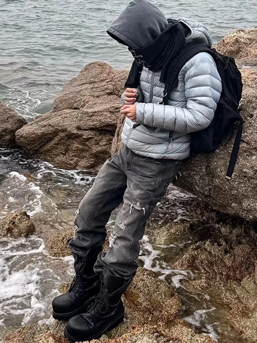 

Парижские мужские джинсы-колокольчики High Street, винтажный вид, повседневный хлопковый джинсовый дизайн с рваными дырками