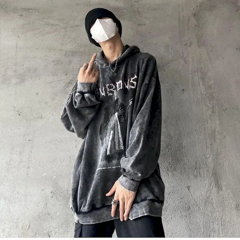 High Street Hoodies Women Autumn Winter Retro Dark Devil Print Hooded Sweatshirt Washed Hip-hop Pullover Loose Hooded Coats