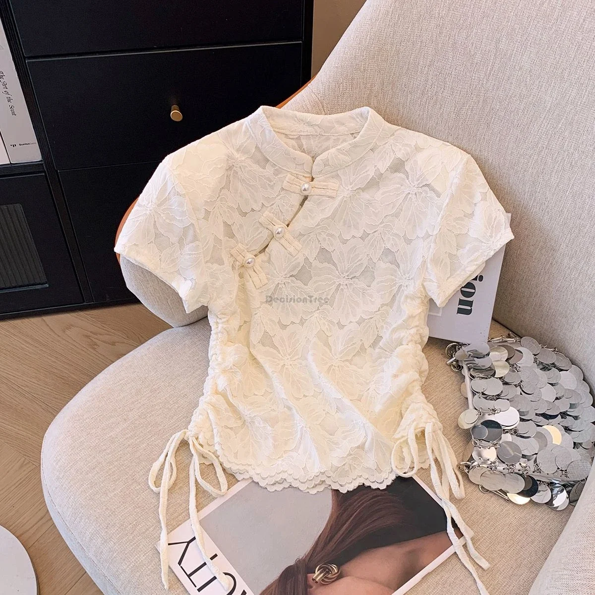 

2025 new chinese style short-sleeved stand collar improved cheongsam women's blouse casual fashion lace daily top ZT227