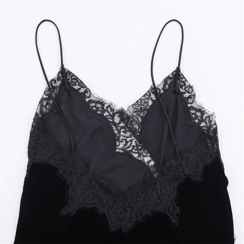 Vestido feminino 2025 outono recém chegados preto veludo cinta de espaguete vestido assimétrico com detalhes de renda sexy e elegante