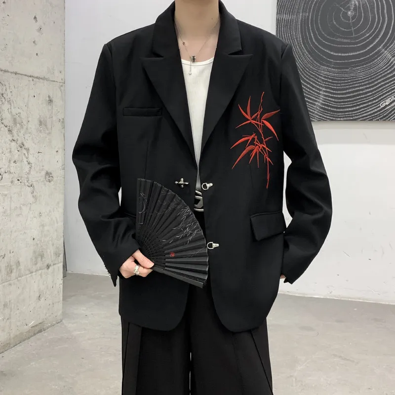 

New Chinese Sle Men's Suit Jaet High-End Feeling Haome Bamboo Le Embroidery Trendy Design Casual Polyester Fiber