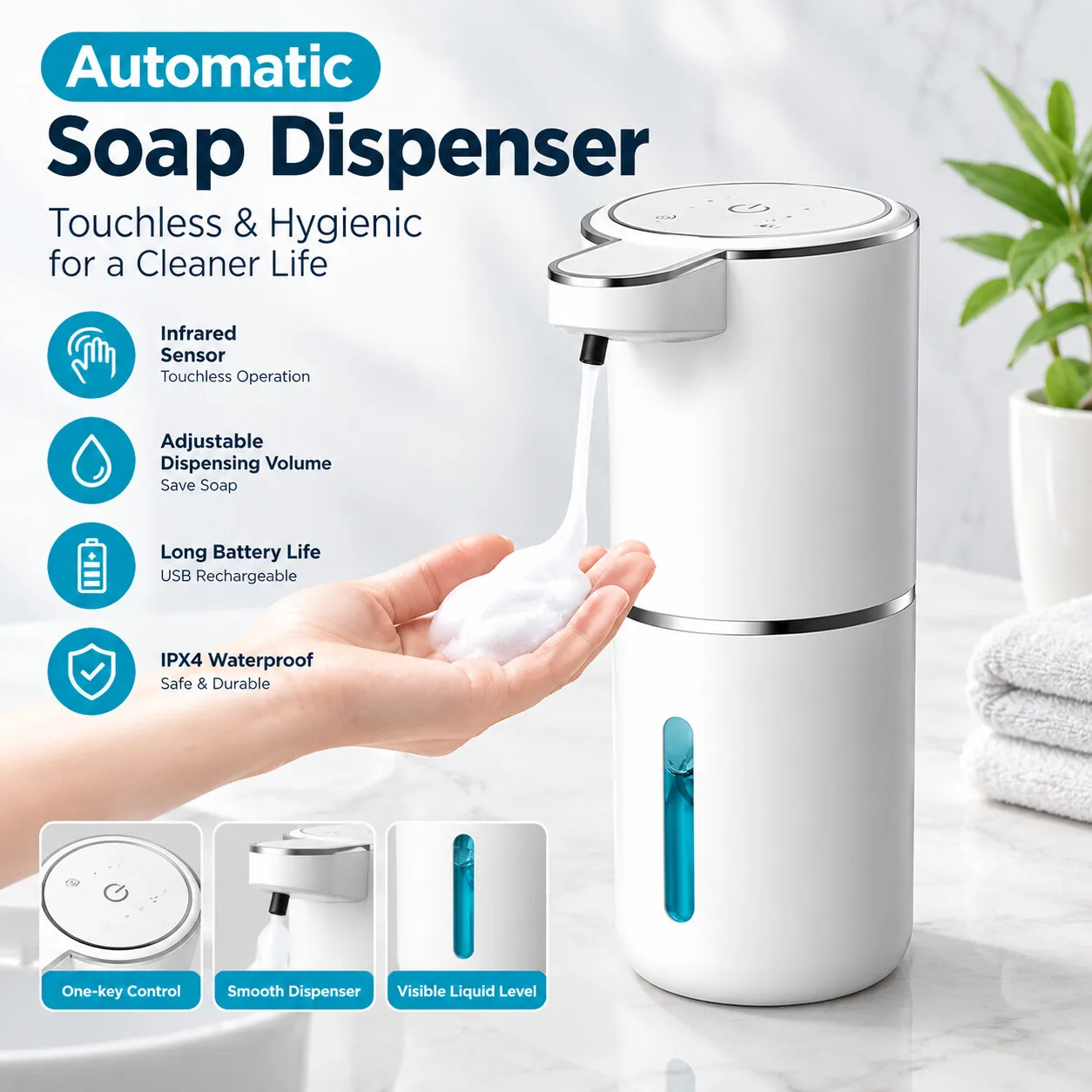 USB Rechargeable Automatic Soap Dispenser, 380ml Touchless Sensor Foaming for Kitchen Bathroom, 4-Level Adjustable