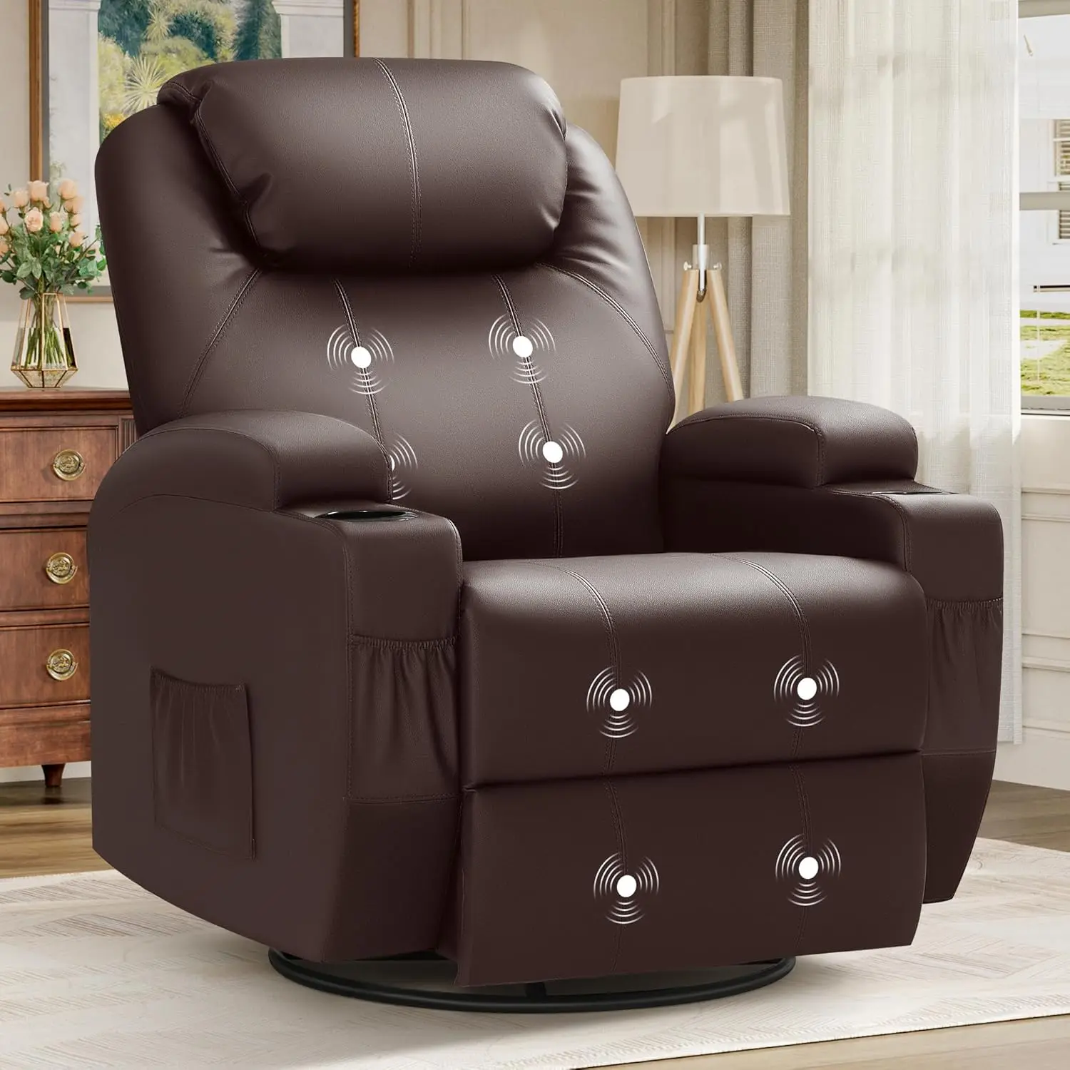 Recliner Chair, Rocking Massage Chairs, Home Reclining Sofa Chair, PU Leather, Ergonomic Living Room Chair with Cup Holders