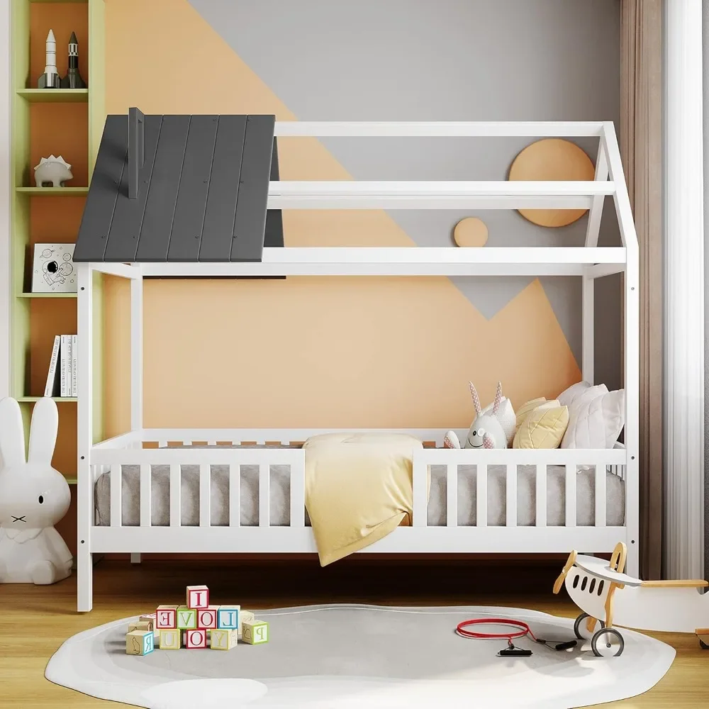 Twin House Bed for Kids,Wood Twin Frame House-Shaped Platform Bed Frame with Roof Windows and Full-Length Safety Rails