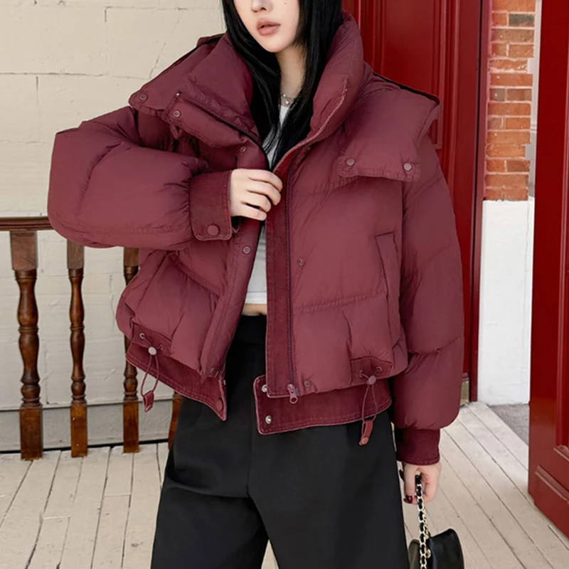 الشتاء قصيرة سميكة مقنعين سترة قطن شيك الدنيم الربط هيم ملابس خارجية المرأة الكورية فضفاضة الدافئة القطن معطف مبطّن سنوسويت #2