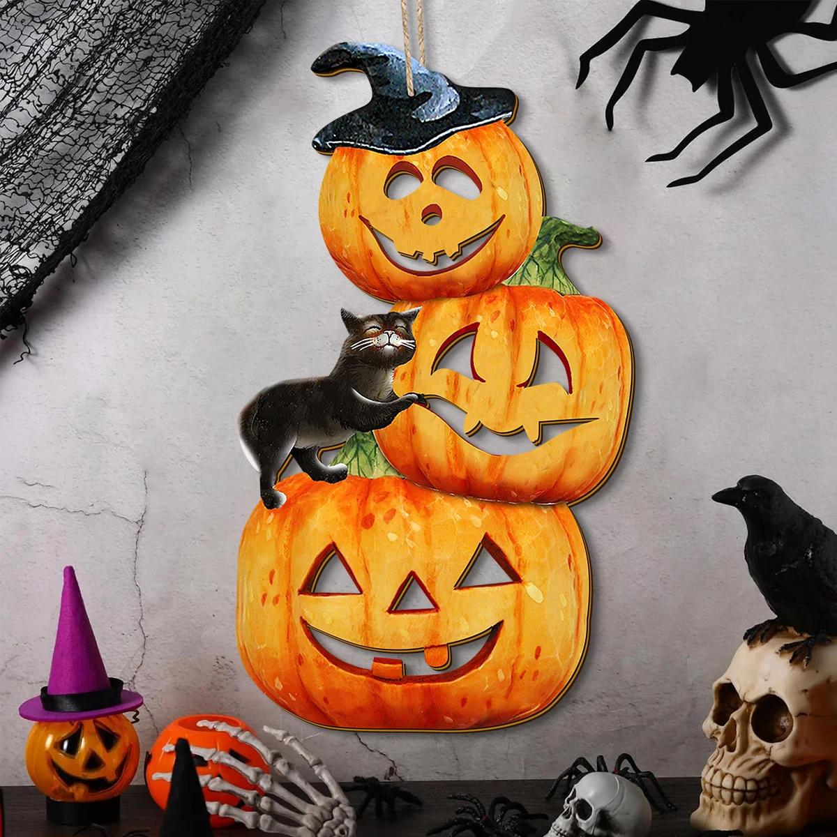 ديكور اليقطين المكدس للهالوين مع قطة سوداء - زخرفة منزلية احتفالية