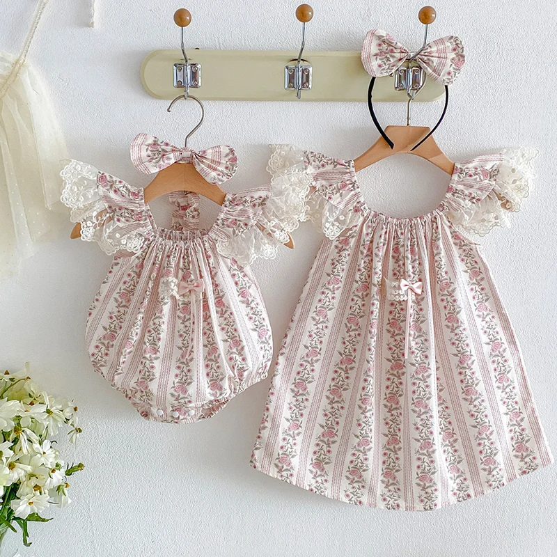 2026 New Summer Sister Clothing 2-7Yrs Baby Girl Birthday Party Dress Flying Sleeve Cotton Print Kids Princess Dresses