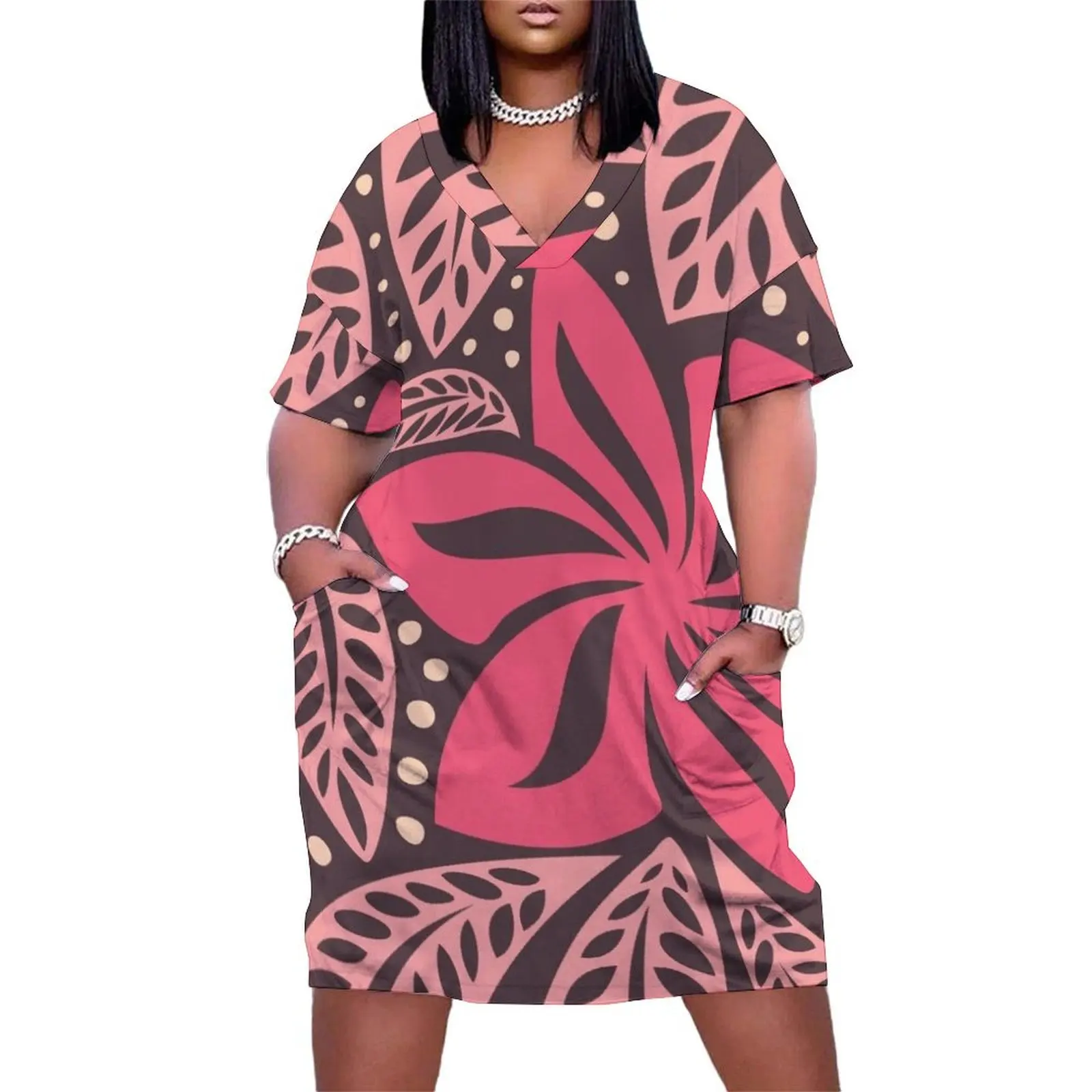 

Polynesian Hawaiian big flower pink aubergine floral tattoo design Loose Pocket Dress women dress dresses for official occasions