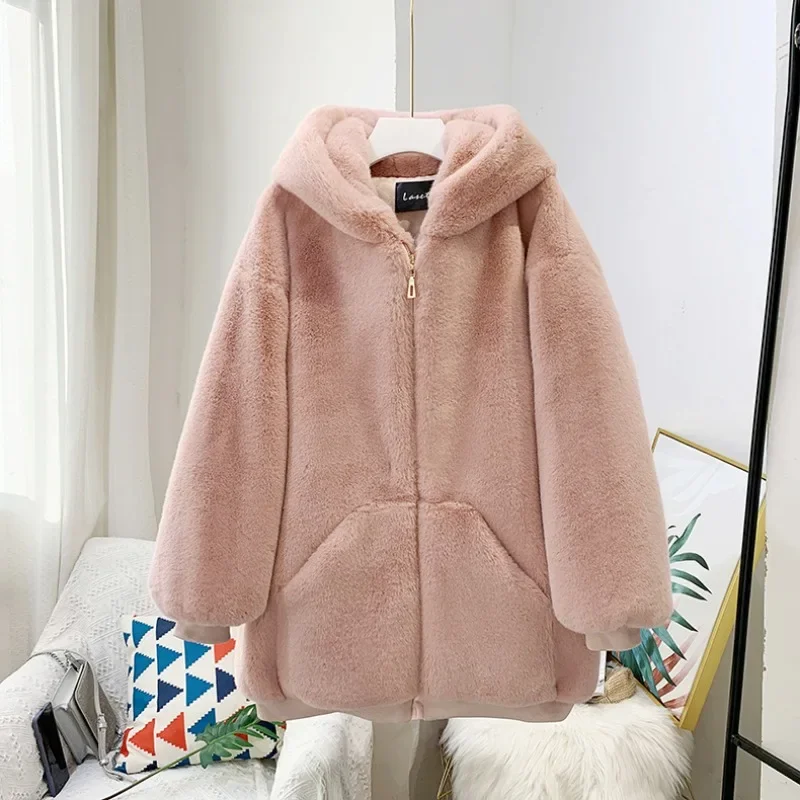 Giacca in peluche da donna invernale imitazione pelliccia di coniglio Rex medio e lungo nuovo cappotto ispessito con cappuccio per donna