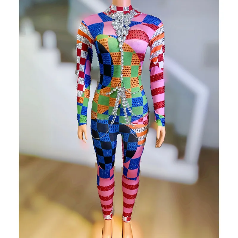 Color Square Splicing Fashion Temperament Street Style Fashion New Tight Stretch Jumpsuit