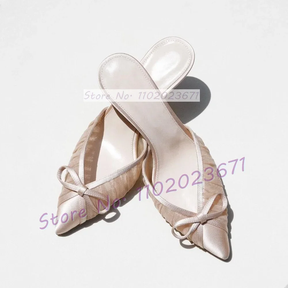 Bowknot Pointed Toe Tulle Slippers Women Elegant Satin Patchwork High Heels Shoes Female Festival Party Charming Purple Mules