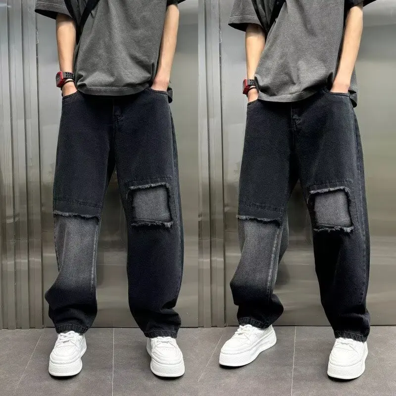 Men's Casual Denim Patchwork Jeans Versatile Autumn Fashionable Long Trousers Wear Resistant Loose Fit Jeans for Youth