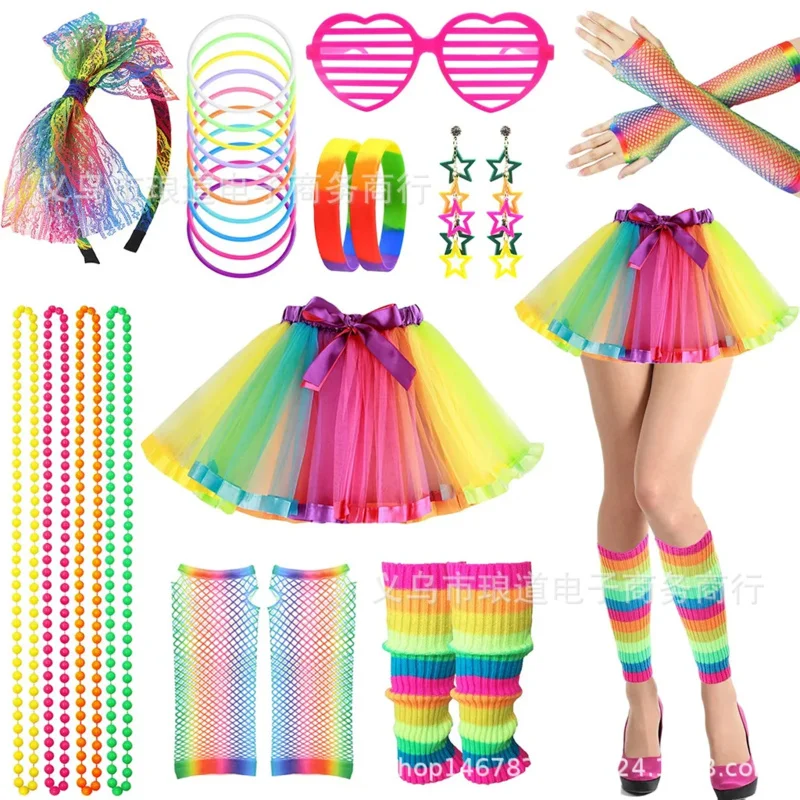 Women 80s Fancy Dress Accessories Retro Party Costume Set Adult Tutu Skirt Neon Fishnet Gloves Beaded Necklace Bracelet Earrings