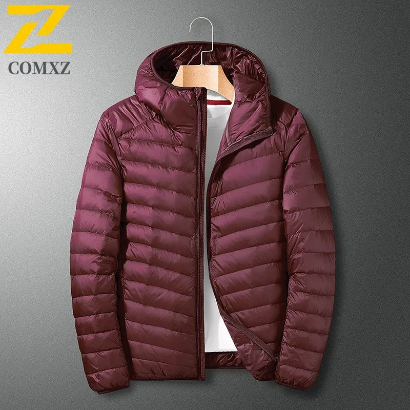 COMXZ 90% White Duck Down Autumn Winter Lightweight Men Stand Collar Hooded Short Style Waterproof Windproof Warm Leisure Parka