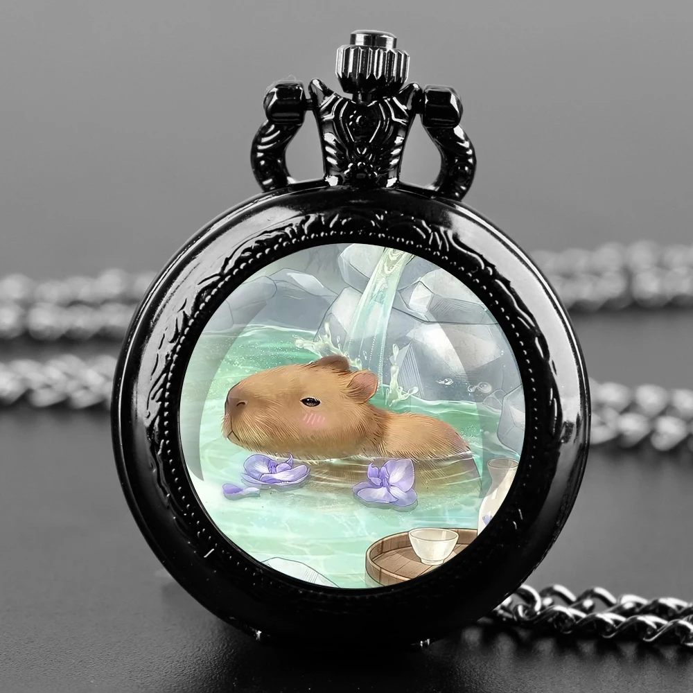 Capybara Bath Fun Design Glass Dome Quartz Pocket Watch with Arabic Numerals Dial Durable Chain Perfect For Easter Gifts
