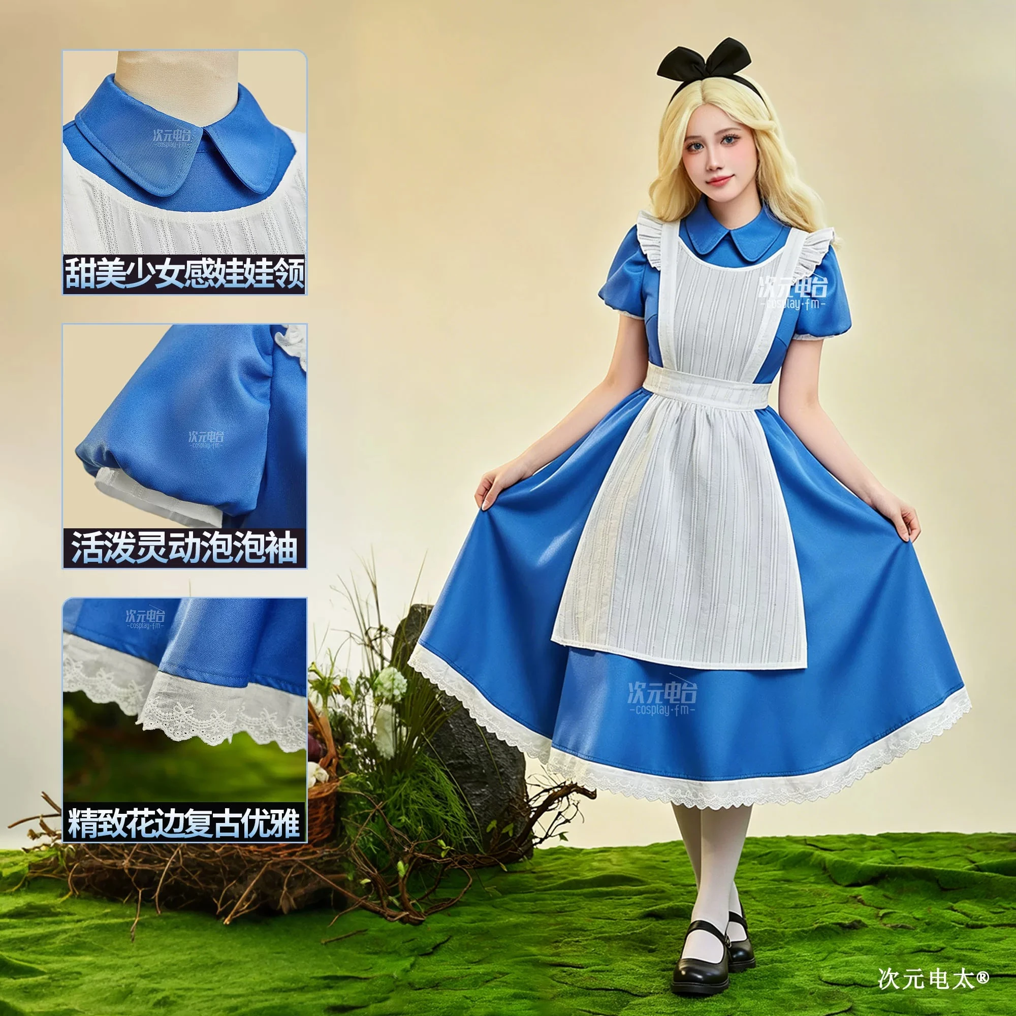 

Blue & White Daily Dress Cosplay Costume with Bow Headwear Anime Game Outfit Halloween Carnival Role Play Dress AniMuse