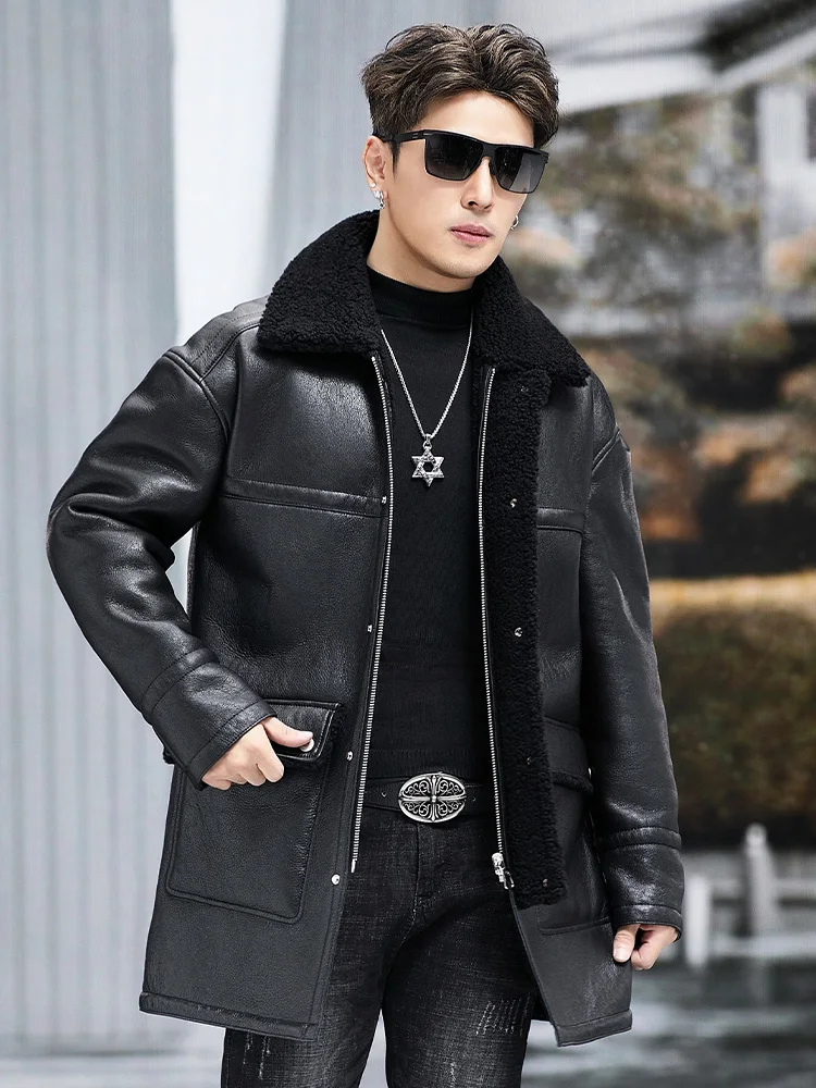 

Winter Double-Sided Men's Fur One Shearling Coat Black Genuine Leather Jacket Men Lamb Wool Thickened Real Sheepskin Coats