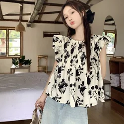 French Style Flying Sleeve Loose Short Sleeves Small Shirt for Women's Summer New Unique Sweet Vitality Girl Versatile Chic Top