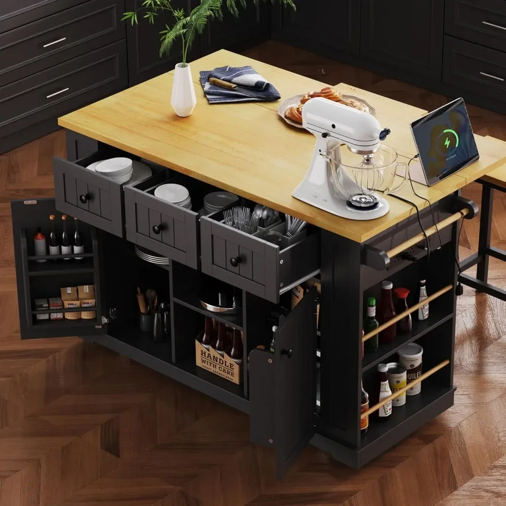 

Kitchen Storage Island on Wheels with Drop Leaf & Power Outlet, Rolling Kitchen Island Cart with Open Side Racks,