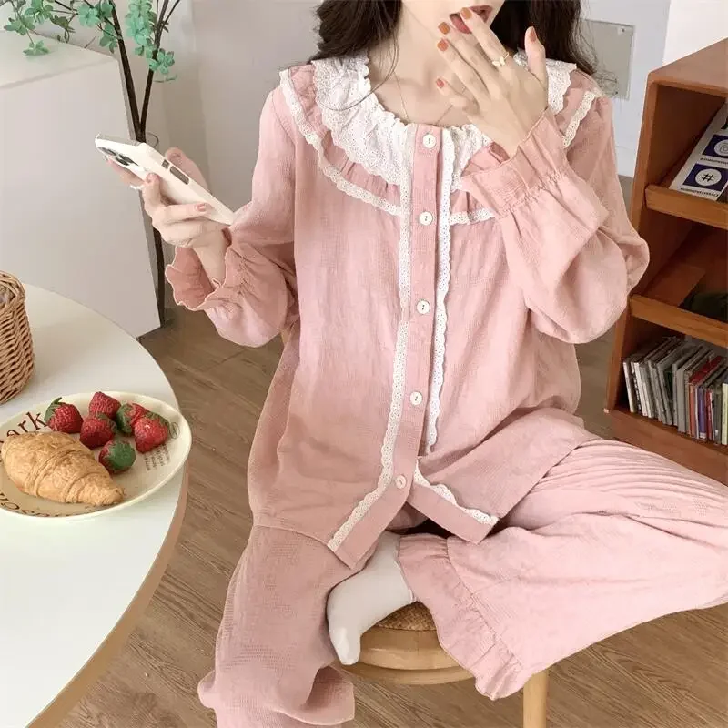 Spring Autumn Pink Lace Sleepwear Princess 100% Cotton Pajama 2 Piece Set Comfortable Pants Home Clothes Ruffle Pijama S461