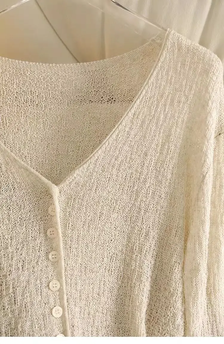 Thin Sweater Coats Women Clothing Hollow Out Long Sleeve Summer Solid Color Sueter Mujer V-neck Casual Knitted Cardigan Jackets