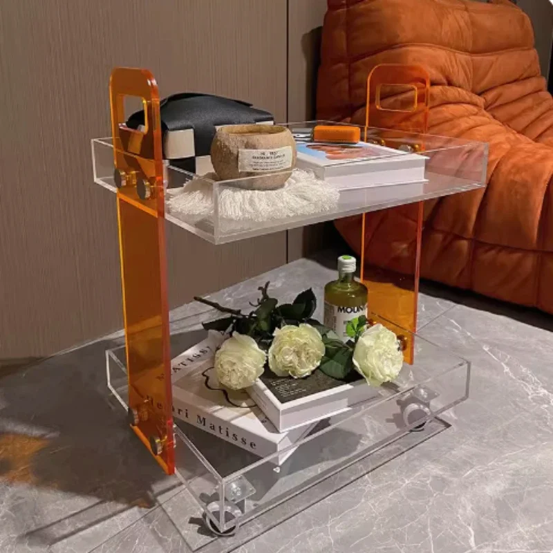 Transparent Kitchen Cart Creative Acrylic Double Deck Serving Trolley Bedroom Storage Rack Mobile Hotel Cart