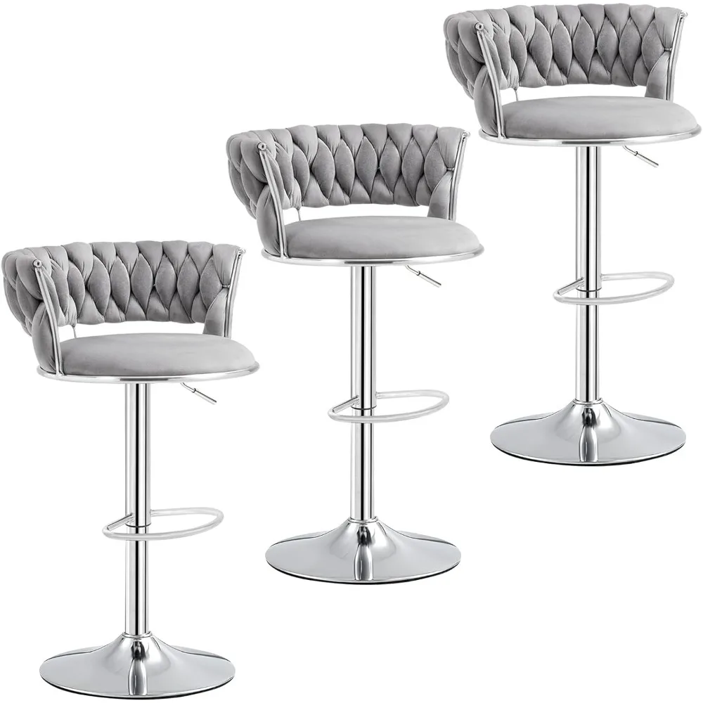 

Grey Velvet Bar Stools Set of 3, Modern 360° Swivel Barstools with Silver Base, Bar Chairs Kitchen Stool Island,