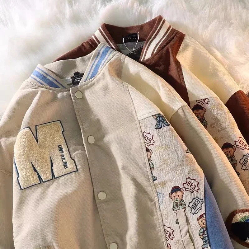 

Letter Embroidery Women Jacket Retro Flocking Stitching Coat Women Loose Contrast Color Thin Baseball Uniform Womens Clothes