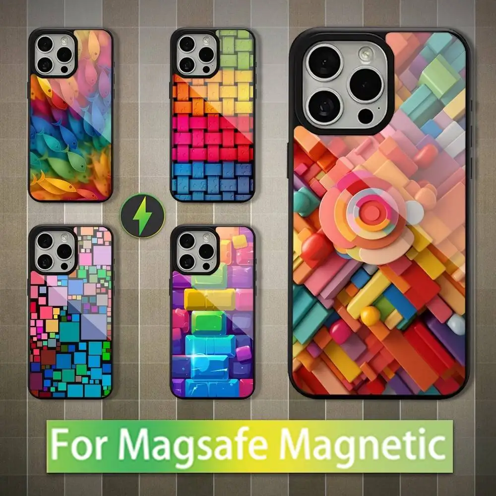 

Colorful 3D Art Block Phone Case For iPhone 16,17,15,14,13,12,11,Pro,Max,Plus,Mini,Magsafe,Magnetic Wireless Charging Case