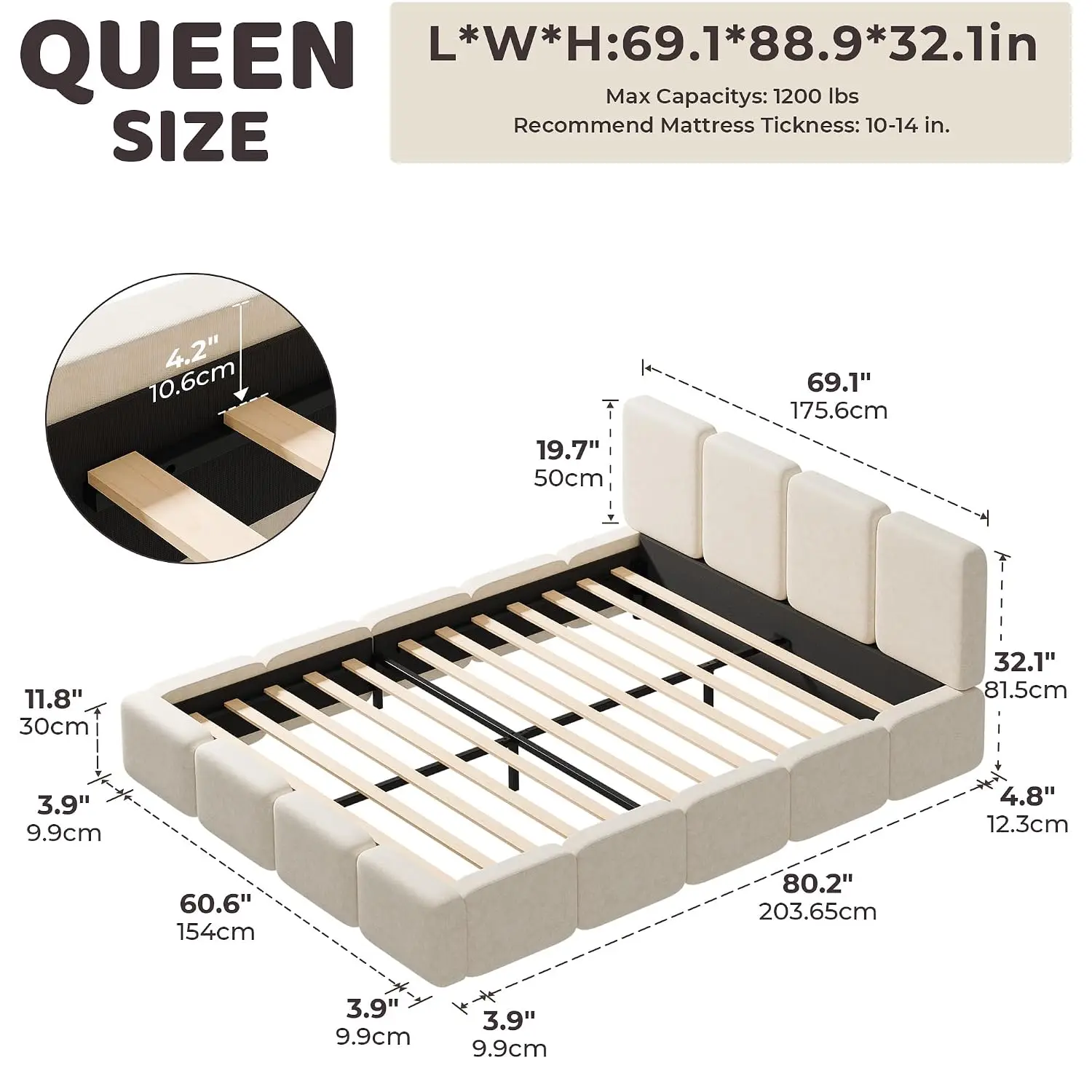 Queen Upholstered Platform Bed Frame With Plush Cloud Design, Customized