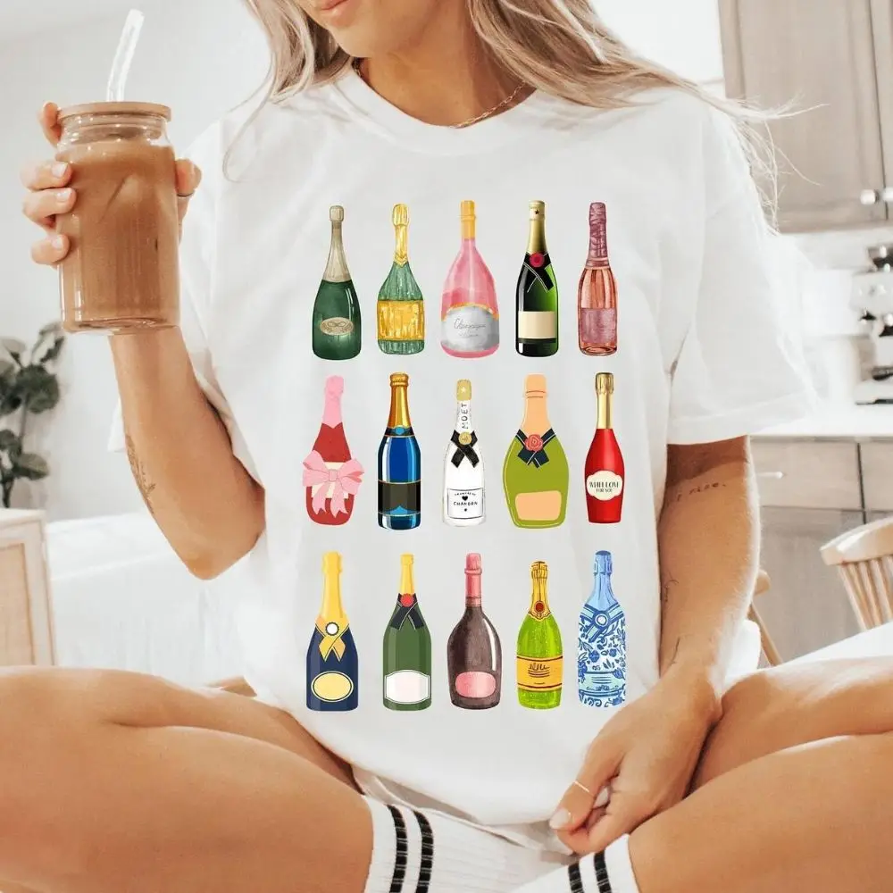 Y2k Champagne Water Bottle T-shirt Casual Crew-Neck Harajuku Street T Shirt New 2024 Women Tee Pink Girly Summer Clothes Tops  ﻿