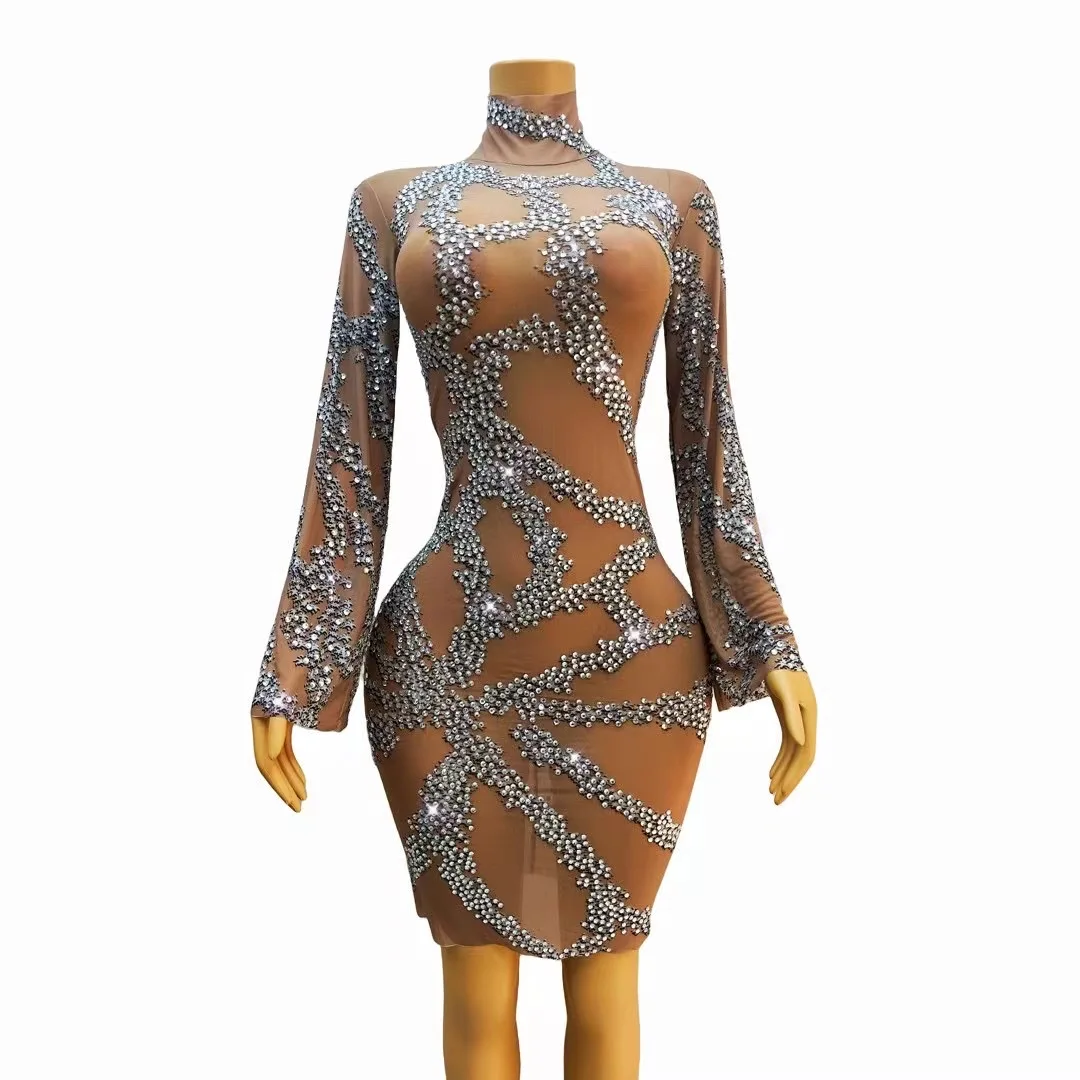 

Sparkly Rhinestones Nude Transparent NightclubJumpsuit Long Sleeve Stretch Mesh Pole DanceSkinny Leotard Singer Stage C231