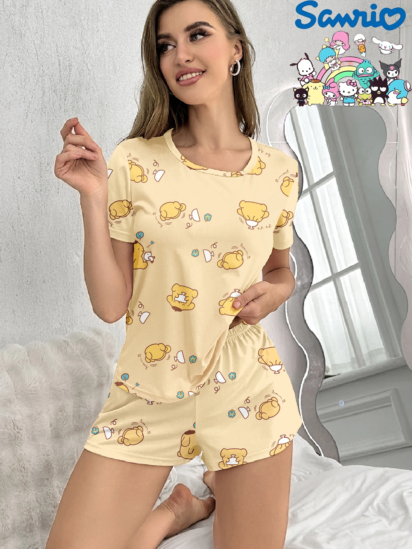 Серия Sanrio, шорты с короткими рукавами для собак-пудинга, повседневные пижамы из молочного шелка с круглым вырезом, комплект одежды для дома