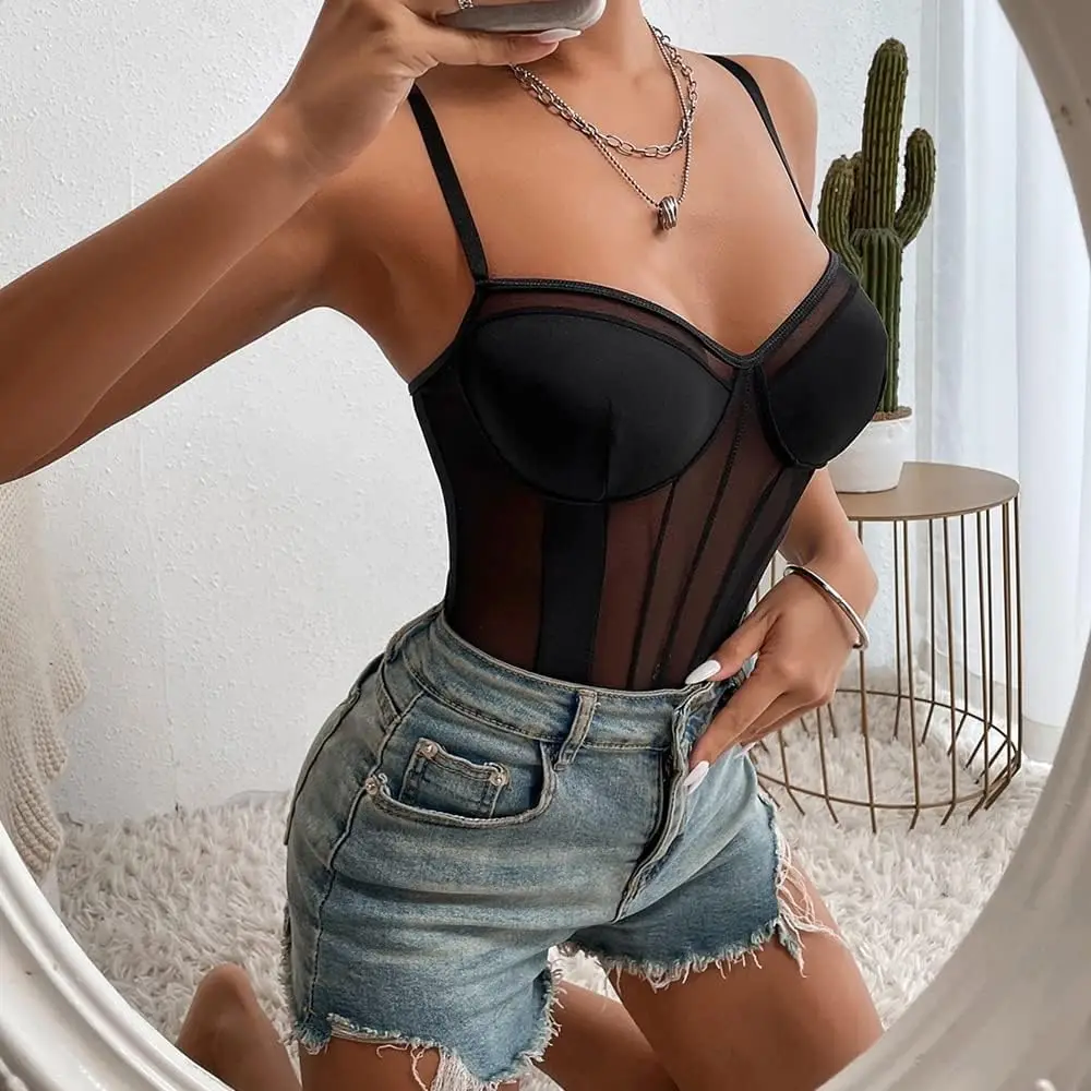 Vrouwen bodysuit tops sexy kant pure mesh sexy bodysuit jumpsuit mouwloze v-hals spaghetti skinny turnpakje cami top