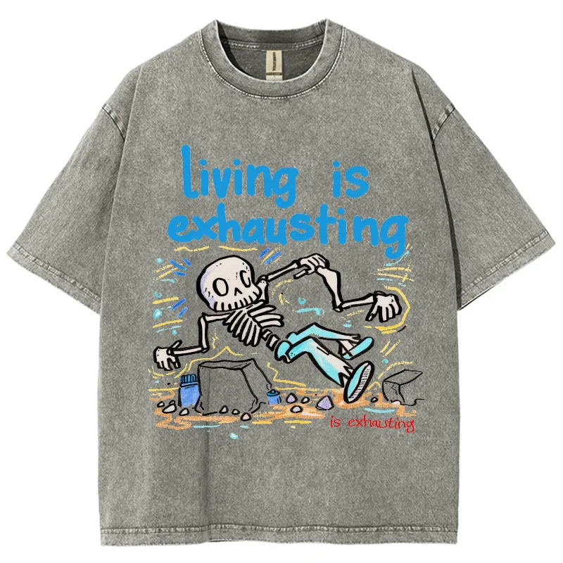 Sad And Scary Skull Bone Print T-Shirt Fashion Designer Trendy New Short-Sleeved High-Gram Weight Round Neck Washed Denim Fabric