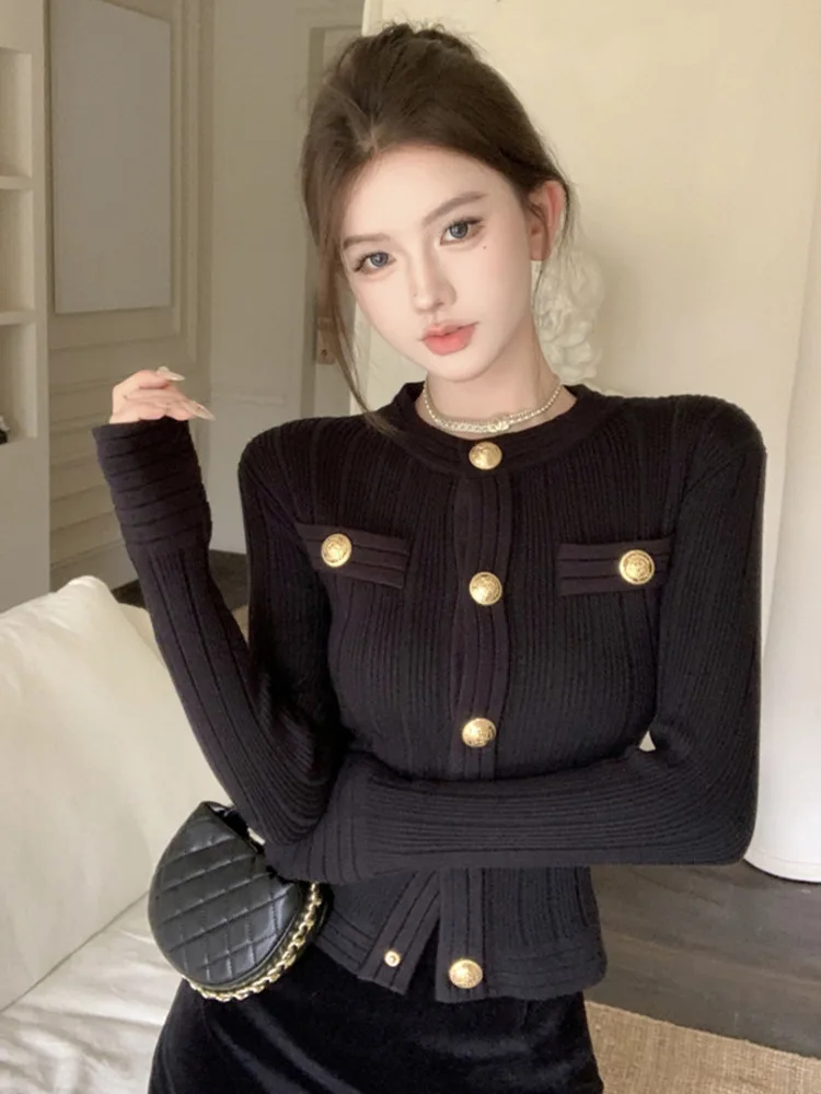 2024 Spring New Fashion Sweet Chic Knitted Women Sweater Cardigan Ladies Hotsweet Sexy Basic Pull Femme Fit Soft Warm Crop Tops