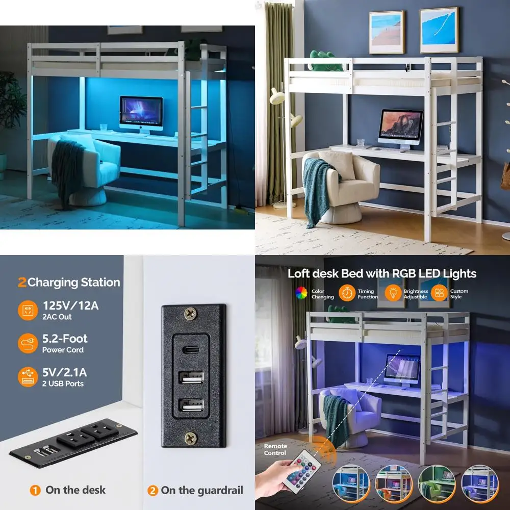 سرير بطابقين خشبي مزدوج الحجم مع مكتب وإضاءة LED RGB، وسرير علوي للبالغين مع محطات شحن ودرابزين مرتفع #1