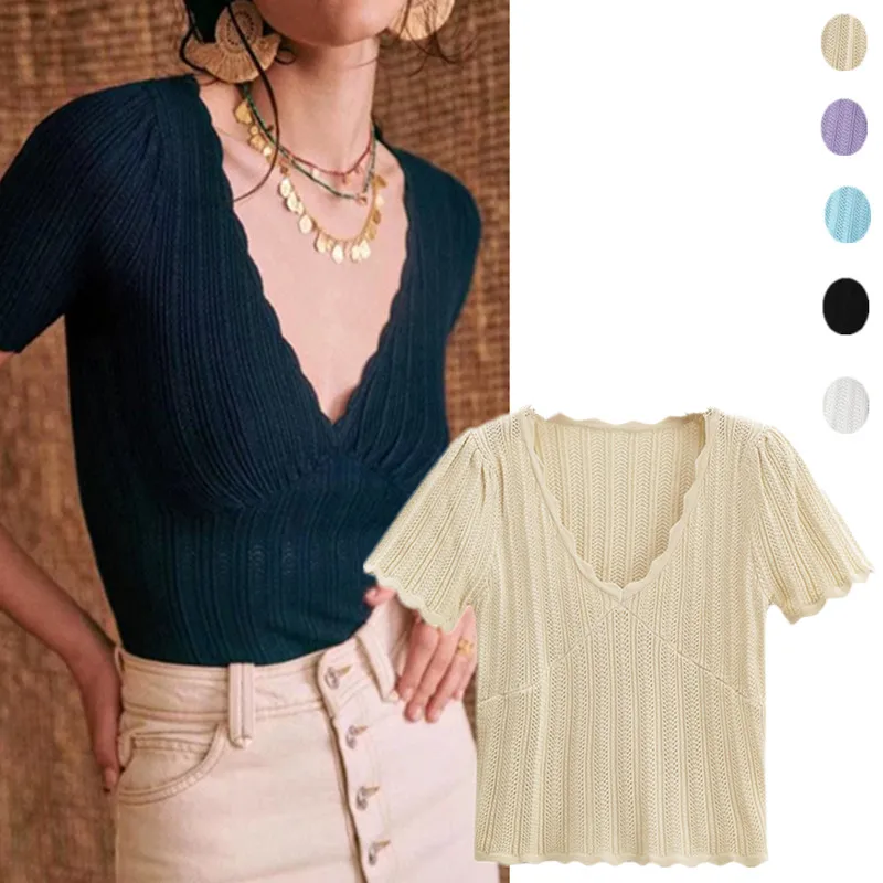 

Трикотаж Sli V-ne Spliced Slim Fit с полой волнистой каймой ell European And American Street Sle Summer ort Sve