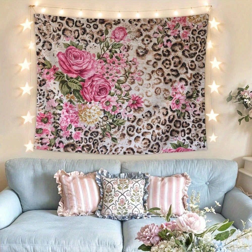 1pc Leopard Print Pink Rose Floral Tapestry, Multiple Sizes, Polyester 2D Print, Bedroom Decor, Fashion Lover Gift