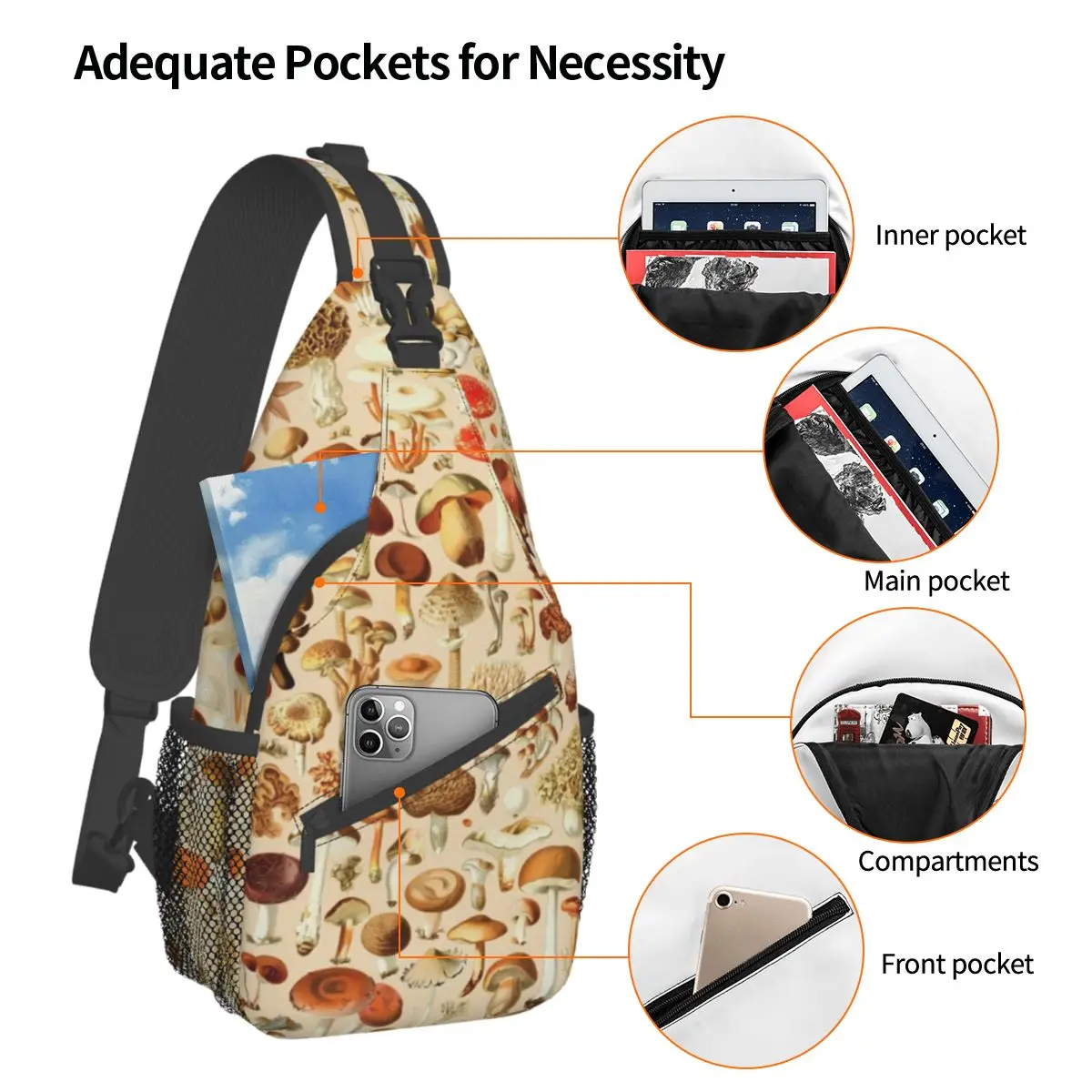 Vintage Mushroom Collection Crossbody Sling Bags Fashion Chest Bag nature Shoulder Backpack Daypack Hiking Outdoor Sports Pack