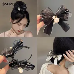 Girl Korean Elegant Bow Hair Claw Bowknot Pearl Grab Clip Hairpin For Women Ponytail Clips Hair Accessories Headwear