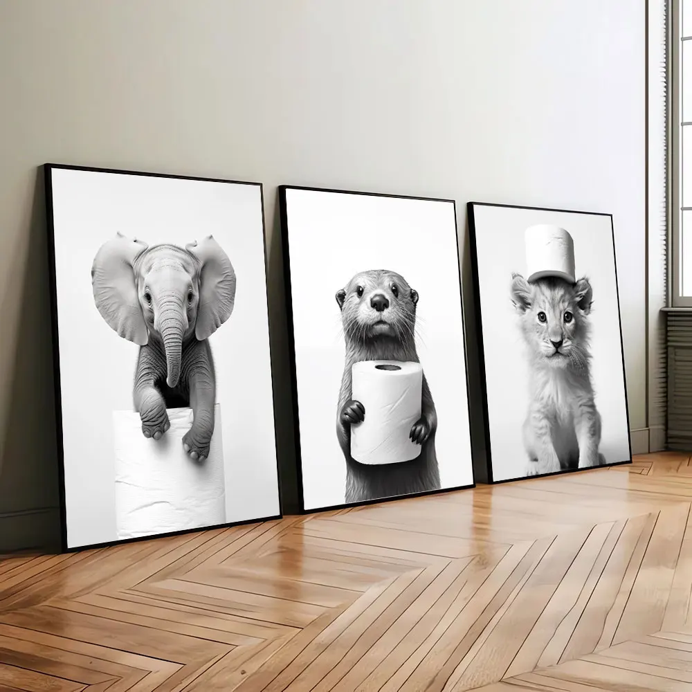 3pcs frameless Canvas Painting Set of 3 Frameless Cute Black White Animal Bathroom Funny Poster Otter Lion Elephant with Toilet