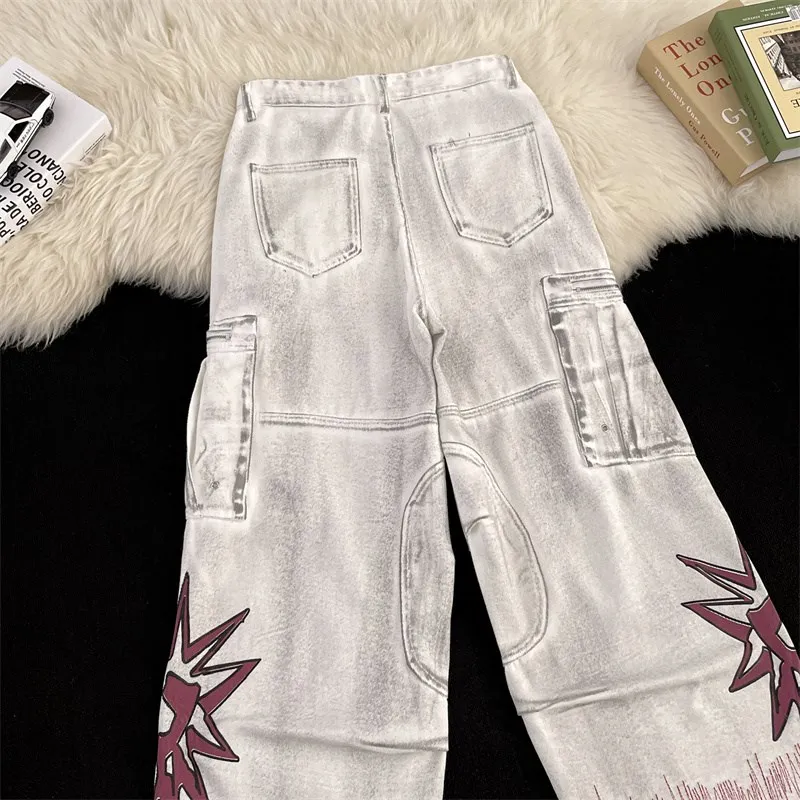 

American Sle Heavy Du Distred Flame Print Wide Leg Jeans Men's Hiphop Workwear Waed Micro Flare Pants Casual Jeans