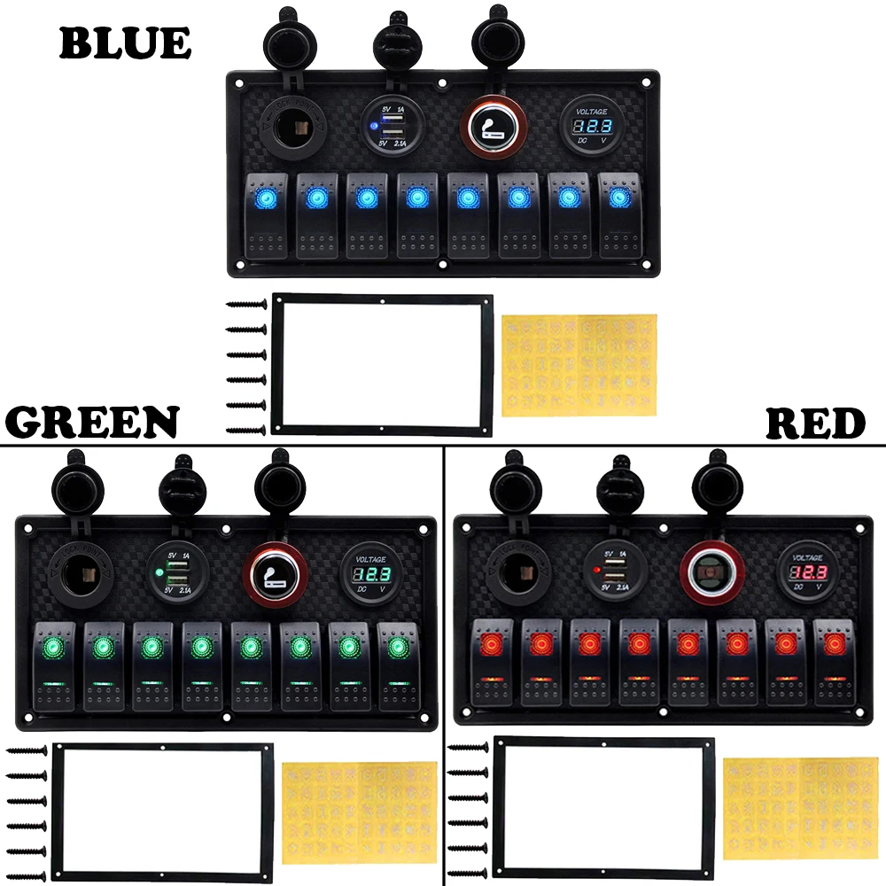 

Marine Universal 8 Gang Switch Panel ON-OFF Rocker LED Voltage Display+USB Charger+Cigarette Lighter for Truck Boat Car Ship