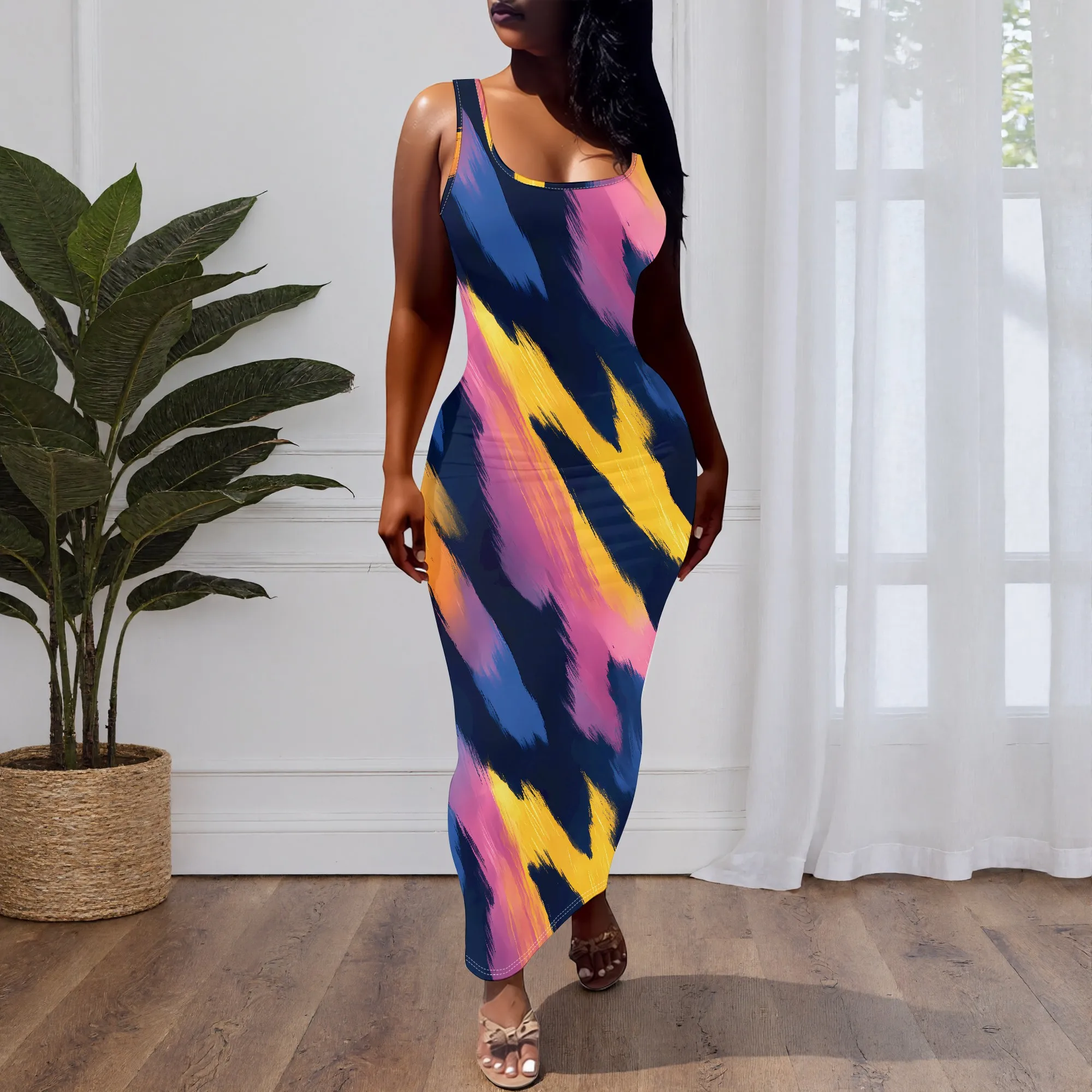 Colorful Print Tank Dress, Vibrant Brushstroke Pattern Sleeveless Midi, Abstract Art Style Casual Wear for Women, S-2XL